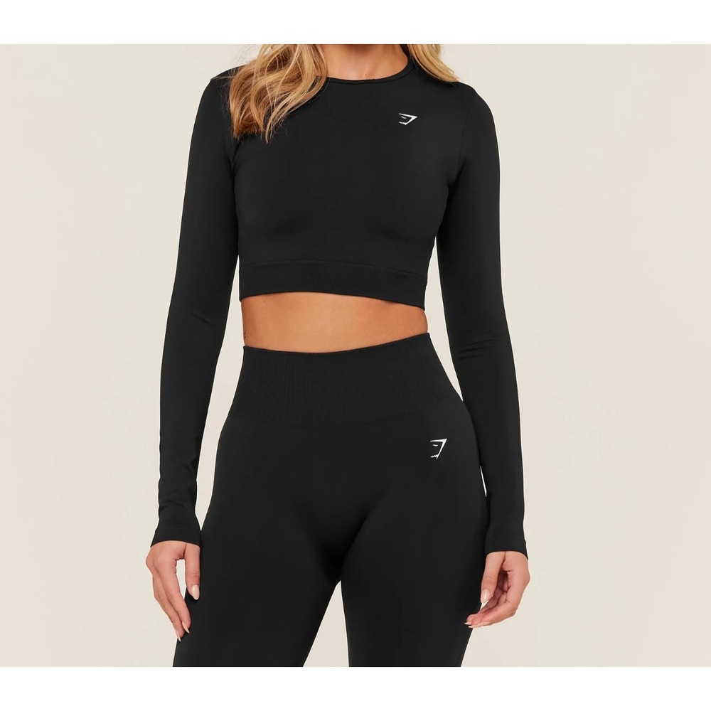 GYMSHARK Women's Everyday Seamless Long Sleeve Crop Top in Black - Size X-Large